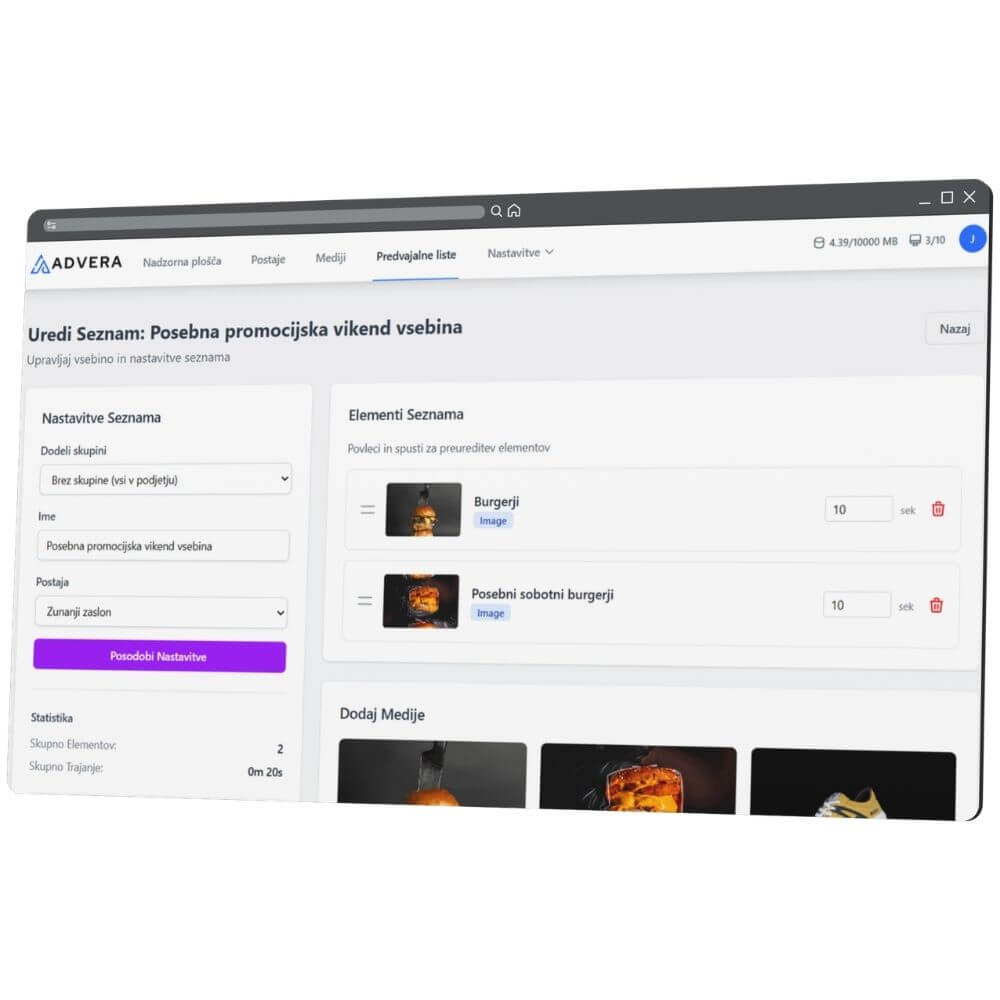 Vmesnik za ustvarjanje in urejanje predvajalnih seznamov Advera